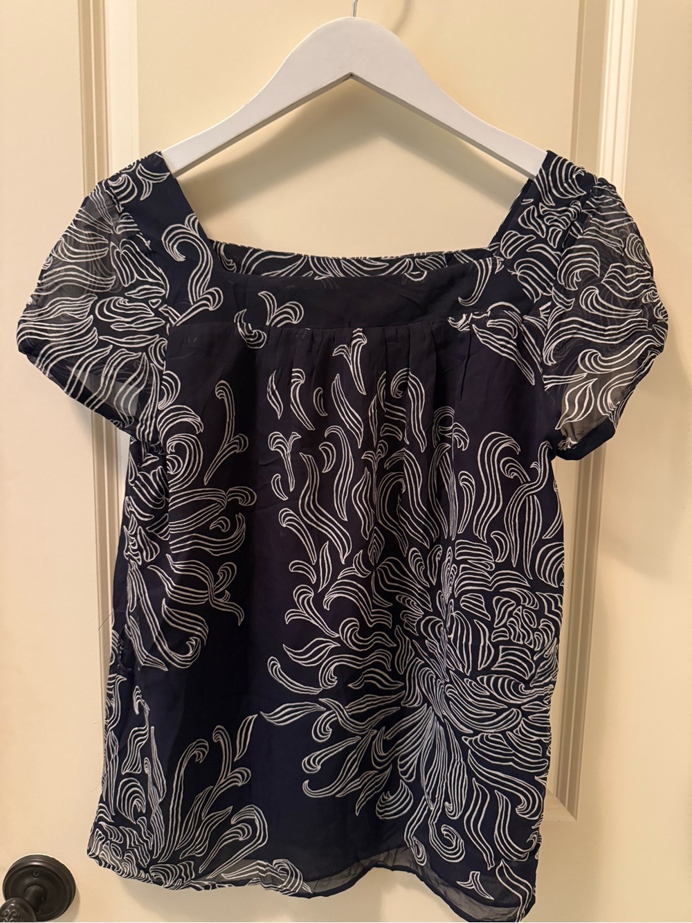 Ann Taylor Navy Blue Printed Square-Neck Top